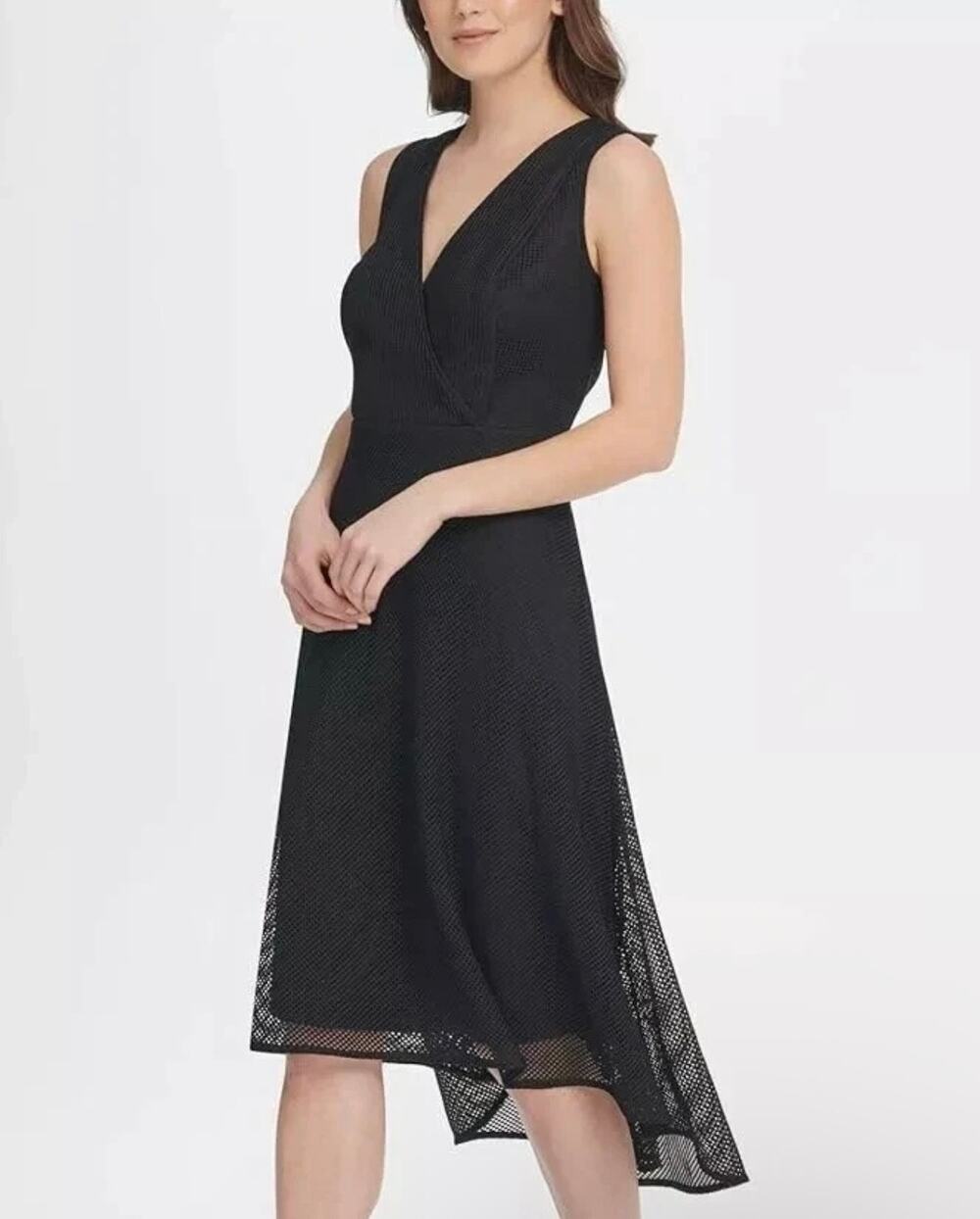 DKNY Black Mesh V-Neck High Low Asymmetric Hem Size16 Midi Dress Minimalist